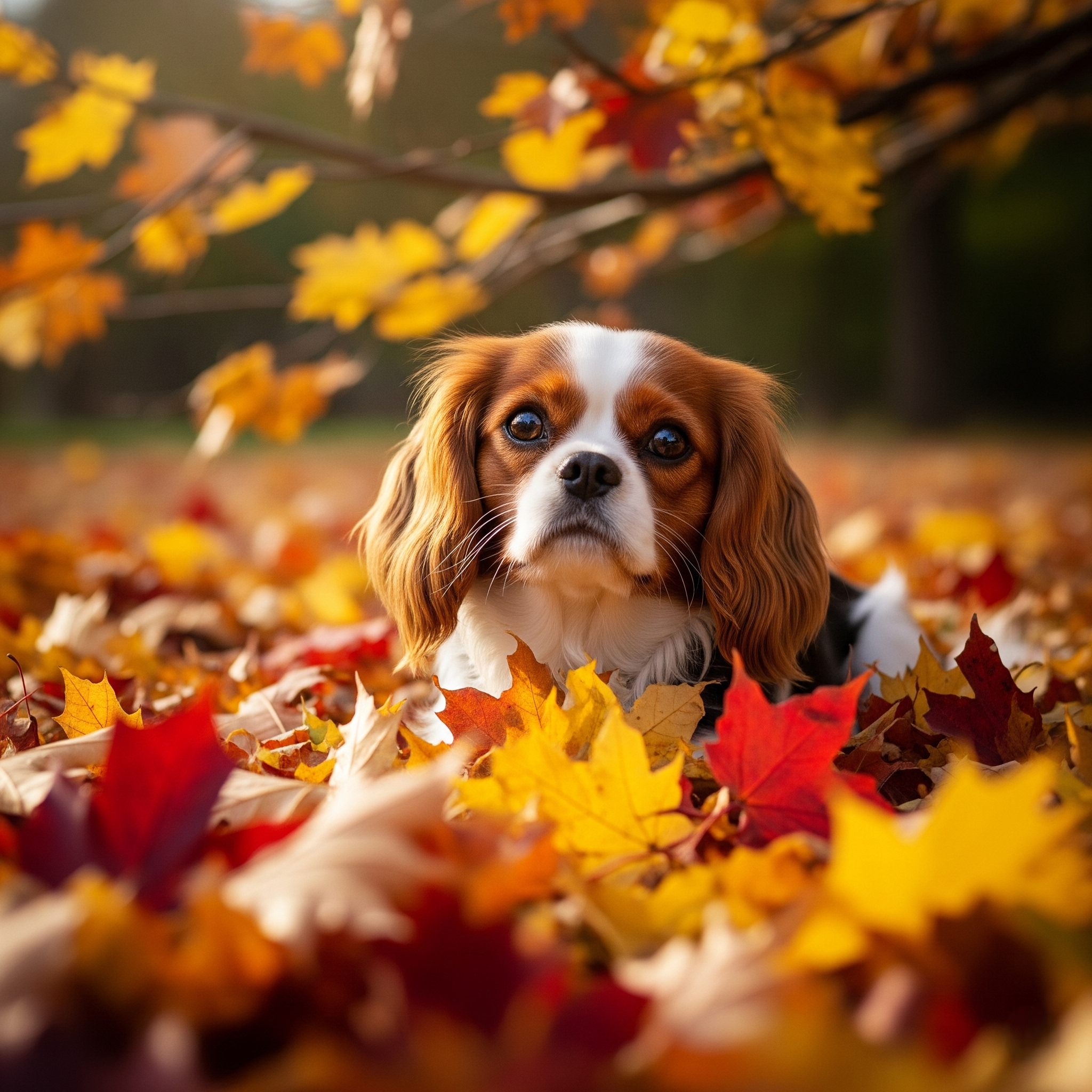 秋の紅葉の中で飼い主と一緒にいる犬と猫