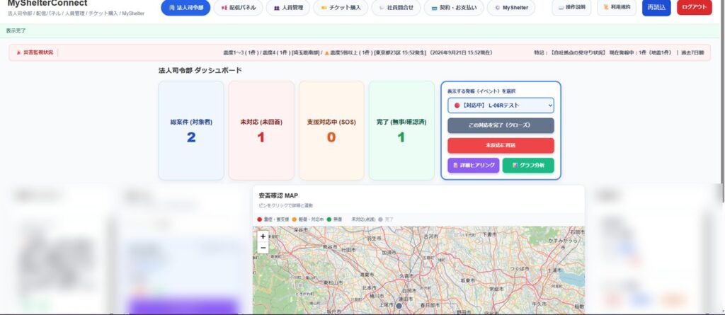 法人司令部のダッシュボード。総案件・未対応・支援対応中・完了の件数と、安否確認MAP