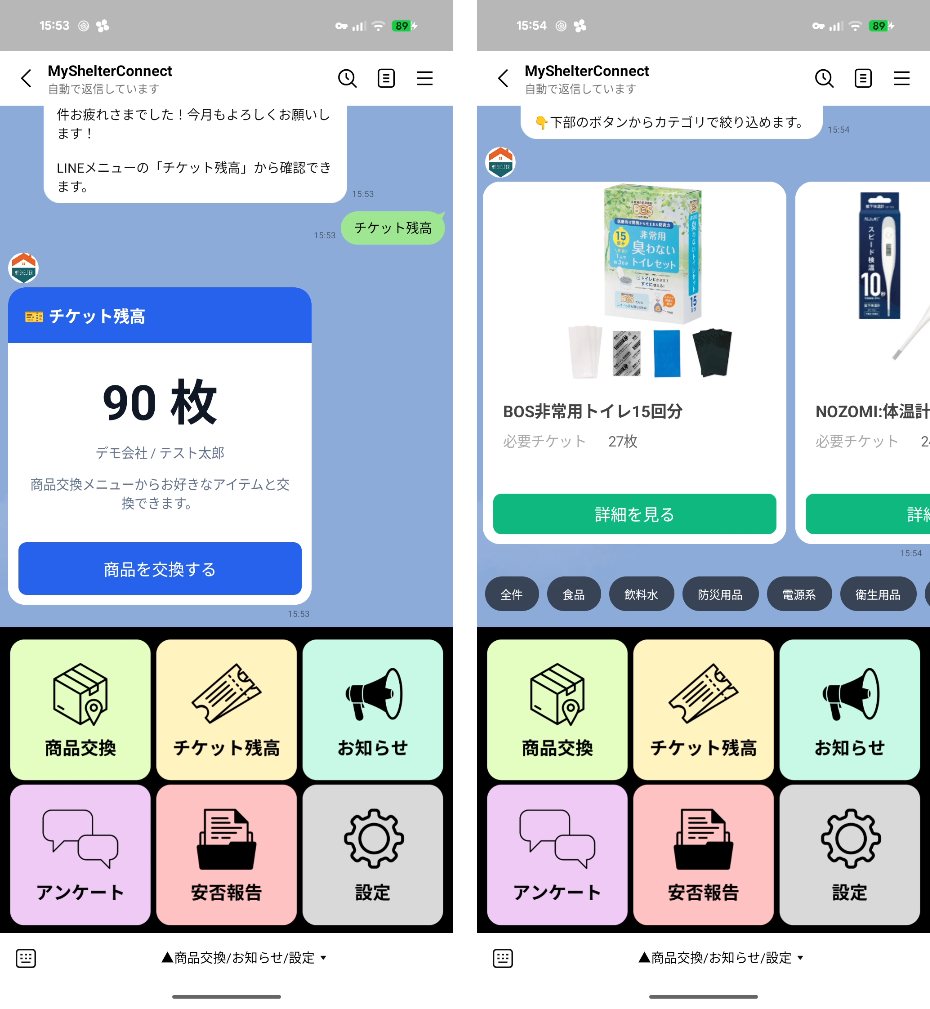LINEのチケット残高の画面と、防災用品の商品一覧
