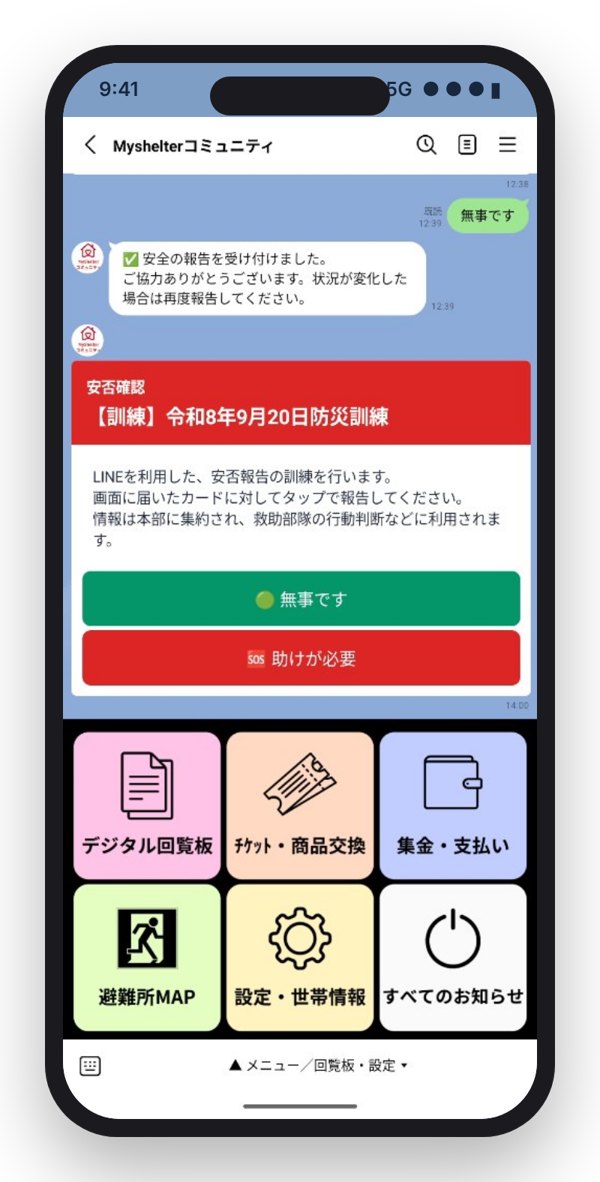 スマホのLINEに届いた安否確認のカードと「無事です」「助けが必要」のボタン