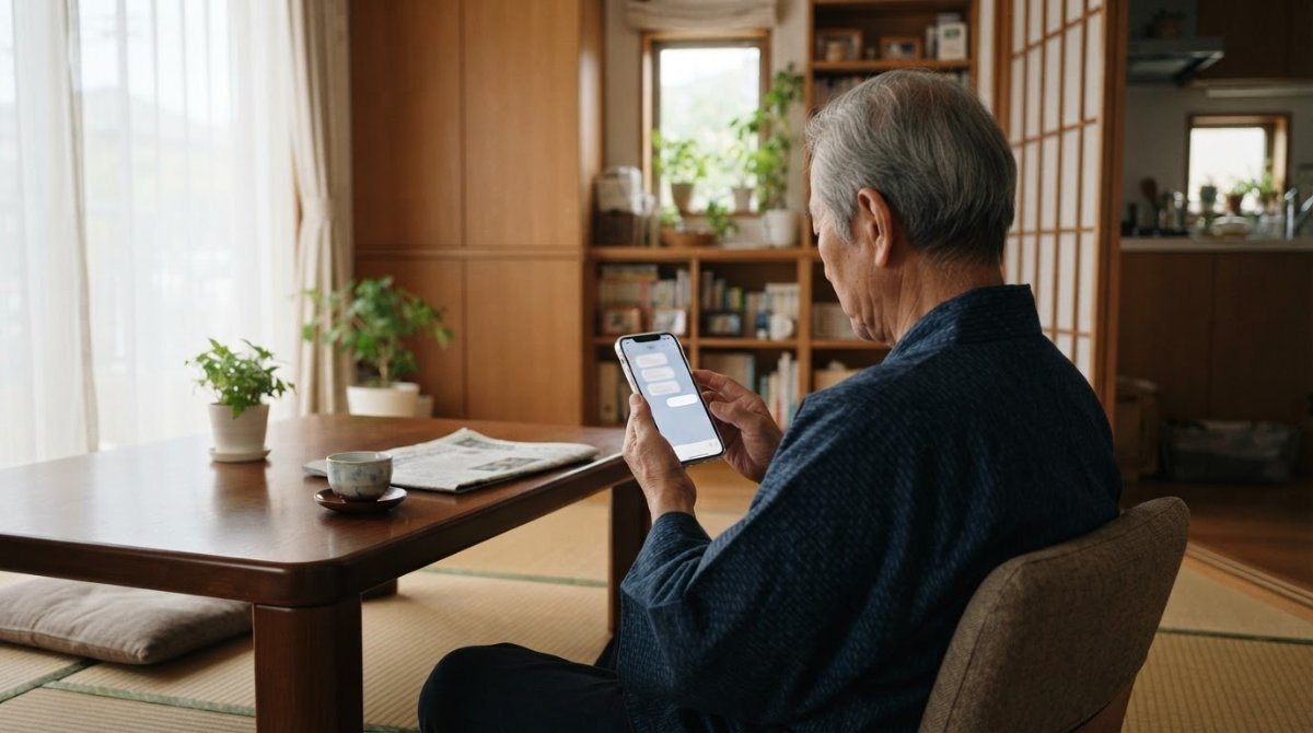 自宅でスマートフォンのLINEを見る高齢の男性