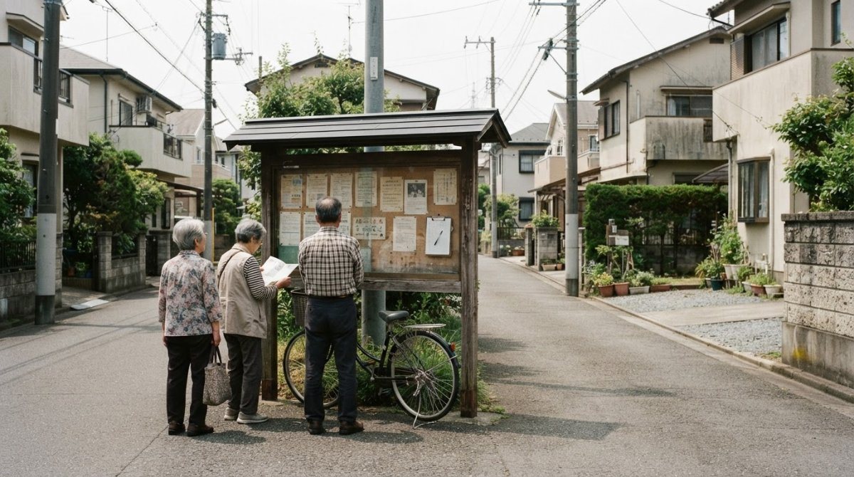 町内の掲示板の前で回覧物を見る高齢の住民の方々