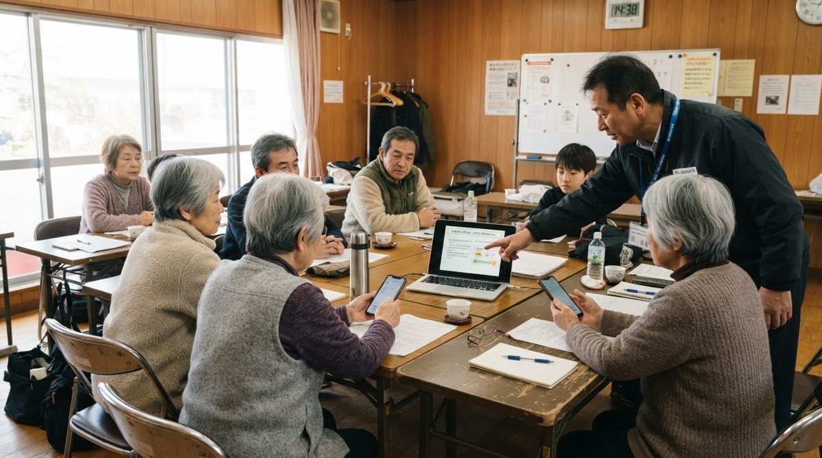 日本の公民館で、自治会の役員と住民が机に座り、ノートパソコンやスマートフォンの画面を見ながら導入の説明を受けている様子