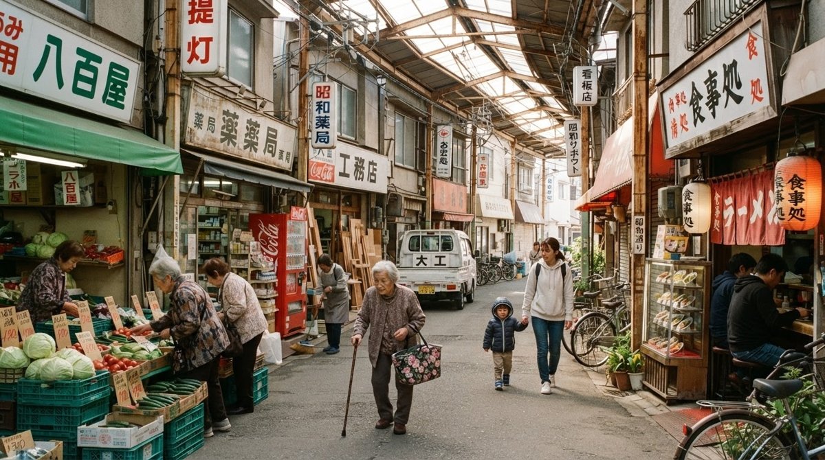 日本の地方のにぎやかな商店街。八百屋や薬局、食堂などの個人商店が軒を連ね、地元の人が歩いている