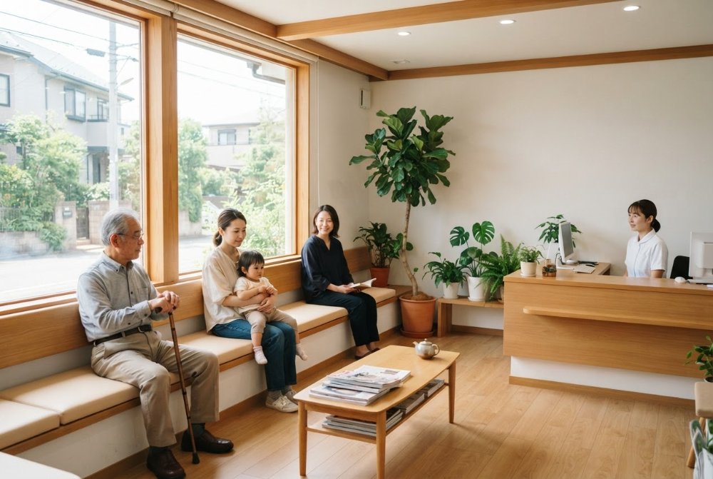窓際の待合室に並ぶ椅子