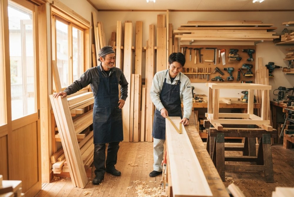 作業台に並ぶ大工道具