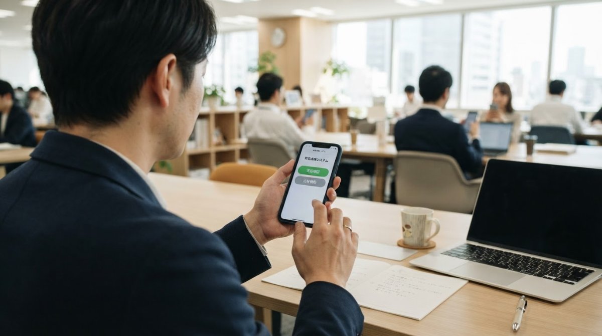 企業の社員がオフィスでスマートフォンの安否確認アプリを使う様子