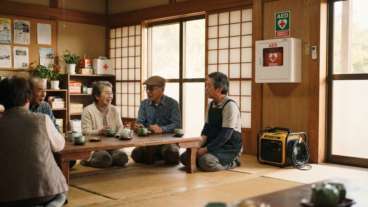 自治会館にAEDと発電機が備わり、住民が集まっているイメージ